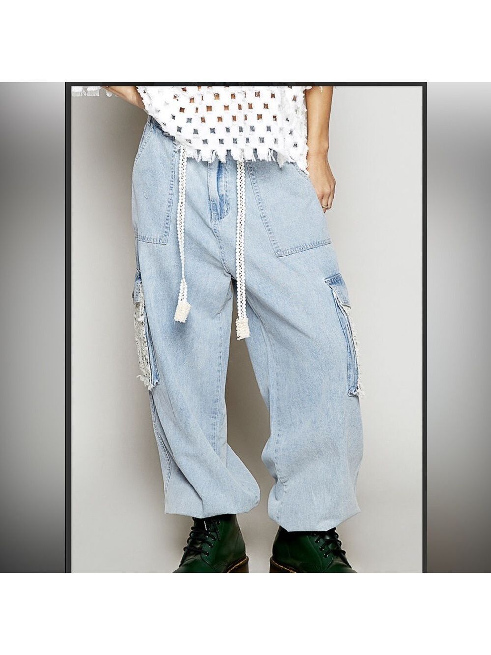 POL Light Blue Denim Wide-Leg Pants with Cream Crochet Pocket - Picture 2 of 5
